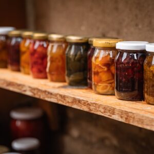 Homemade preserves in mason jars neatly arranged on a rustic wooden shelf.